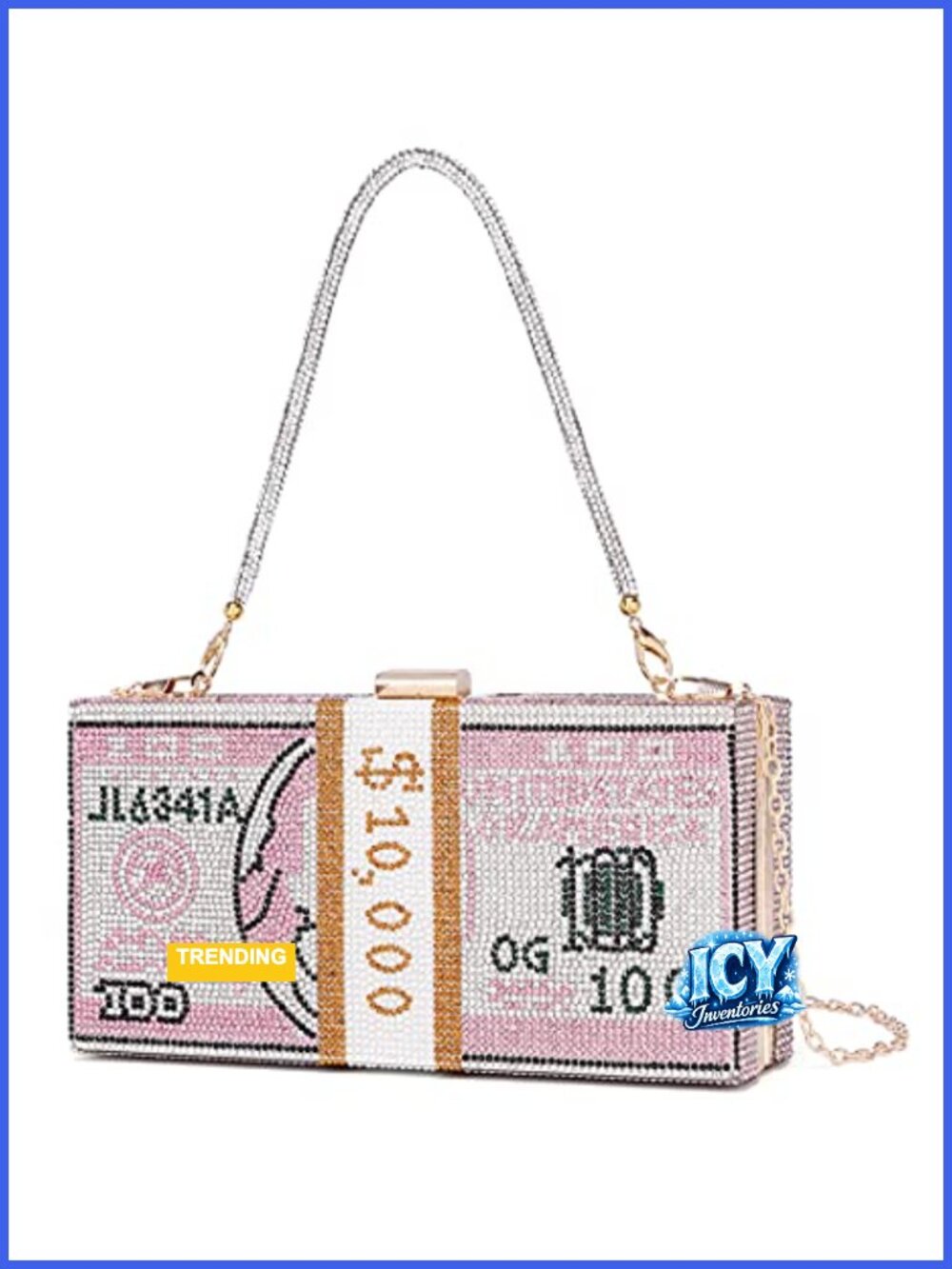 Rhinestone Dollar Clutch Purse Evening Handbag Money Bag Snap Closure Removable